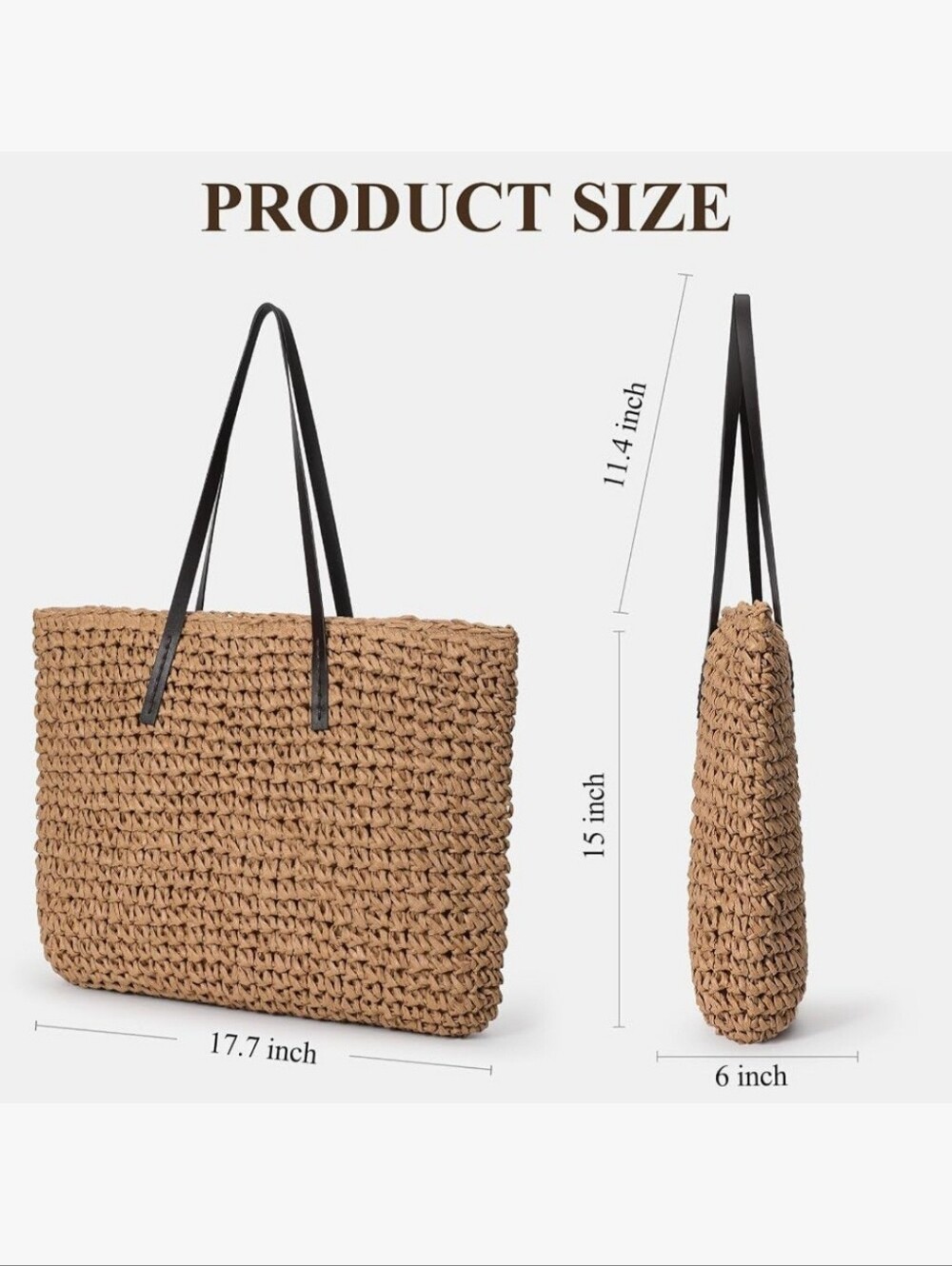 Woven Straw Tote Bag with Handles - Natural, Lightweight - Picture 3 of 8
